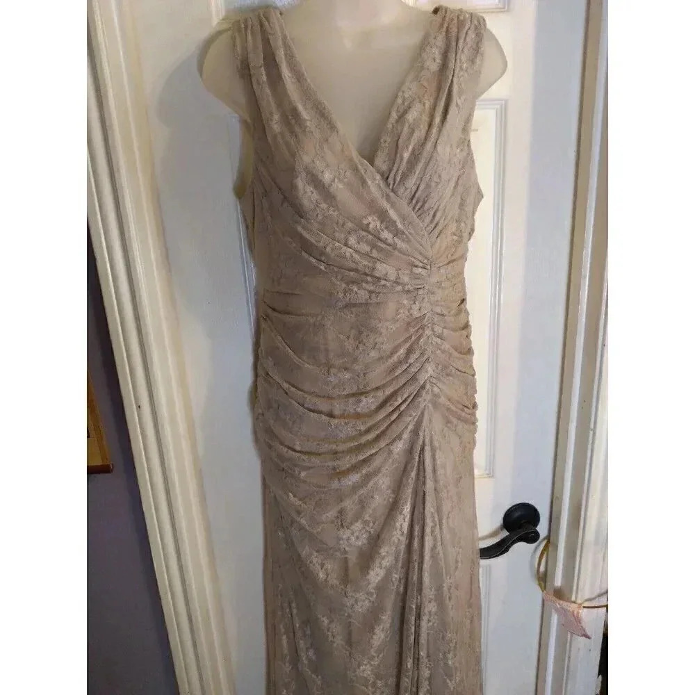 Vintage Juno Dress Beige Allover Lace Ruching Sz M Lace Ruching Fairy Prom Y2k